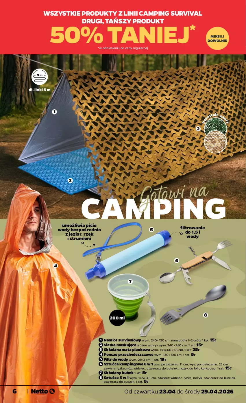 Gazetka promocyjna Netto - Od Czwartku - ważna 23.04 do 29.04.2026 - strona 6 - produkty: Koc, Korkociąg, Kubek, Namiot, Noż, Otwieracz, Ponczo, Rum, Siatka, Widelec