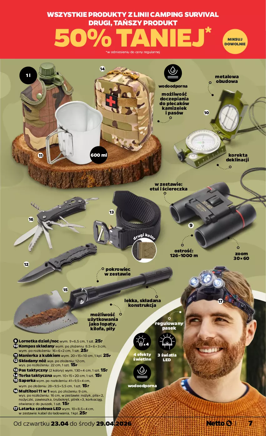 Gazetka promocyjna Netto - Od Czwartku - ważna 23.04 do 29.04.2026 - strona 7 - produkty: Fa, Koc, Korkociąg, Latarka, Latarka czołowa, Lornetka, Noż, Nożyczki, Otwieracz, Pasek, Pilnik, Plecak, Pokrowiec, Por, Tarka, Torba