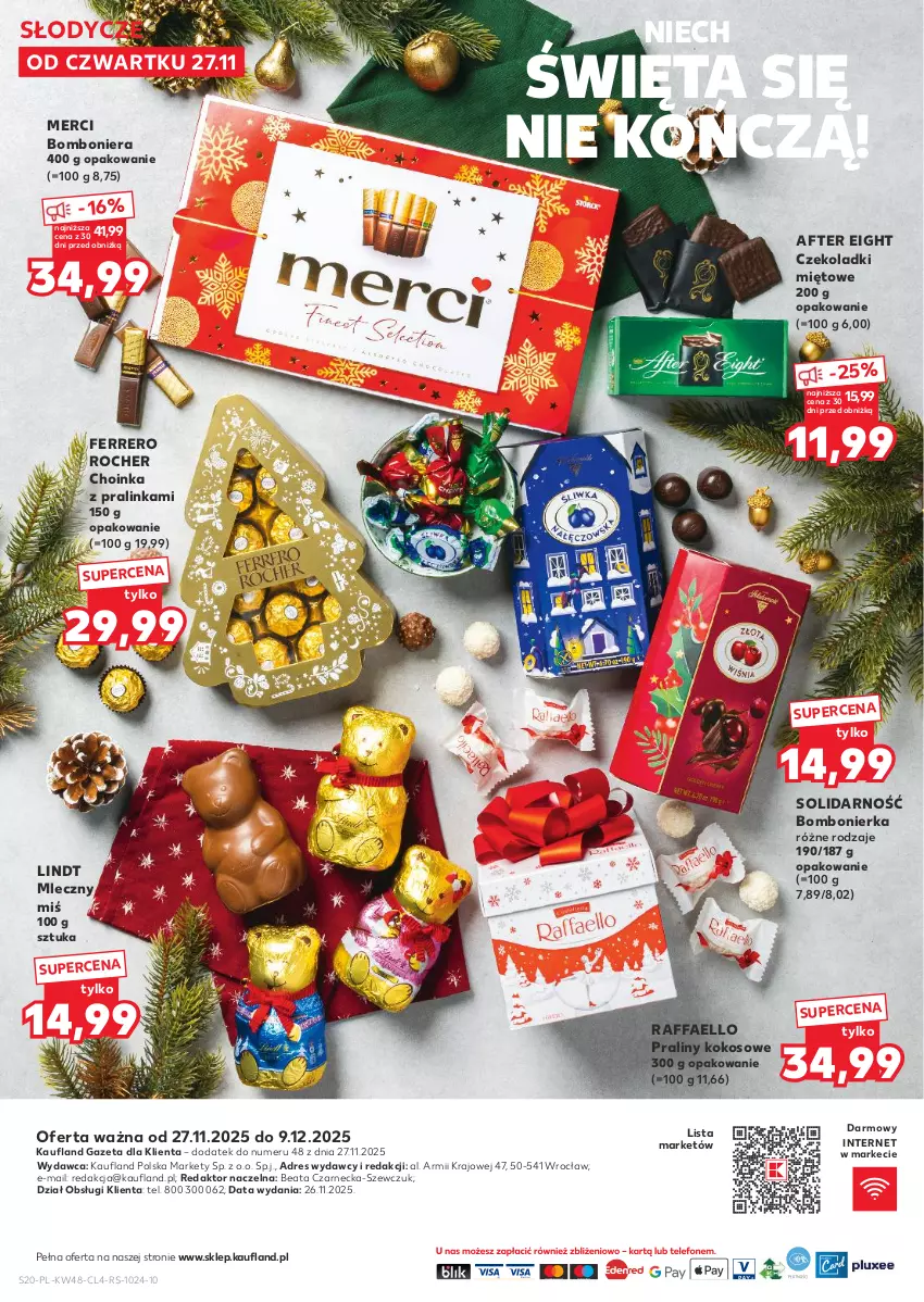 Gazetka promocyjna Kaufland - Kaufland - ważna 27.11 do 09.12.2025 - strona 20 - produkty: Bomboniera, Choinka, Dres, Fa, Ferrero, Ferrero Rocher, Inka, Kokos, Lindt, Merci, Praliny, Raffaello
