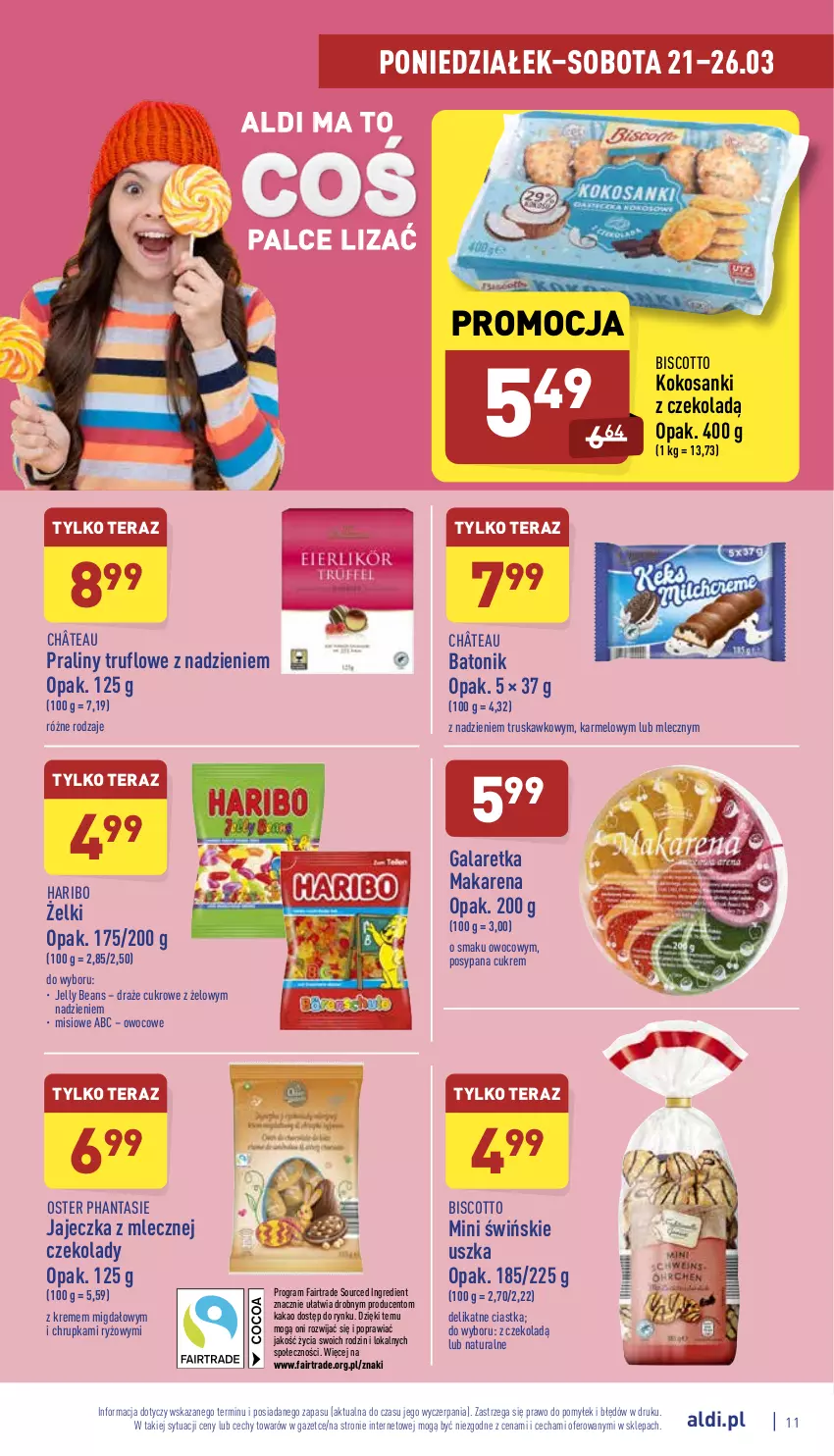 Gazetka promocyjna Aldi - Katalog spożywczy - ważna 21.03 do 26.03.2022 - strona 11 - produkty: Baton, Ciastka, Fa, Gala, Galaretka, Gra, Haribo, Jelly beans, Kakao, Kokos, Praliny, Ryż, Sanki, Tera, Tonik