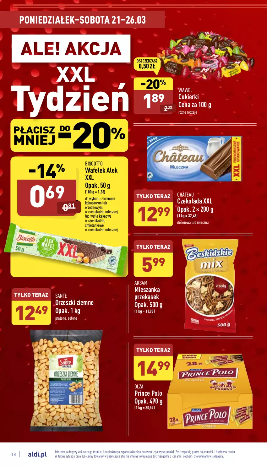 Gazetka promocyjna Aldi - Katalog spożywczy - ważna 21.03 do 26.03.2022 - strona 18 - produkty: Aksam, Cukier, Cukierki, Czekolada, Deser, Kakao, Kokos, Orzeszki, Orzeszki ziemne, Prince Polo, Sante, Ser, Tera, Wafelek, Wafle, Wawel