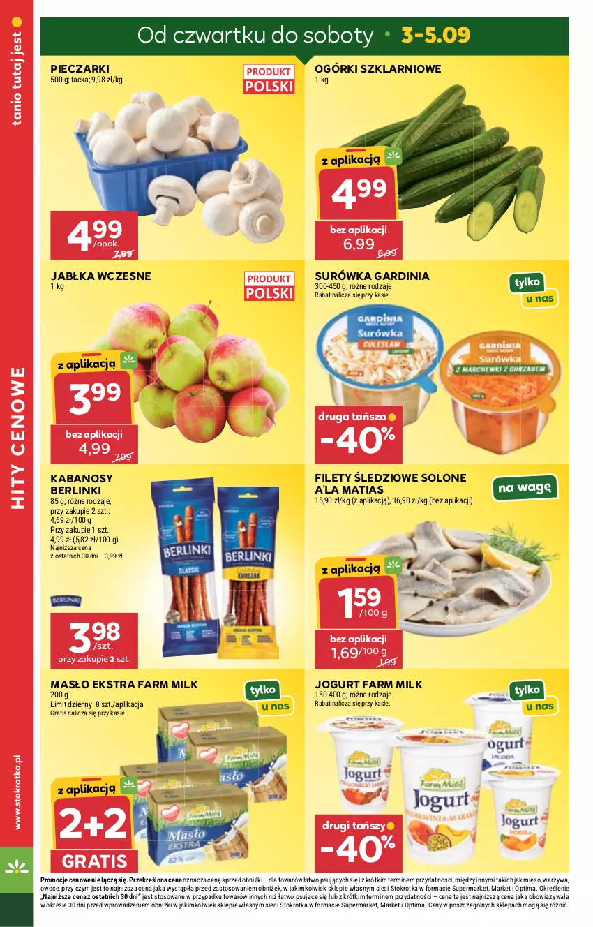 Gazetka promocyjna Stokrotka - Supermarket - ważna 03.09 do 09.09.2026 - strona 4 - produkty: Berlinki, Fa, Farm Milk, Gra, Jabłka, Jogurt, Kabanos, Masło, Mięso, Optima, Owoce, Piec, Surówka, Warzywa