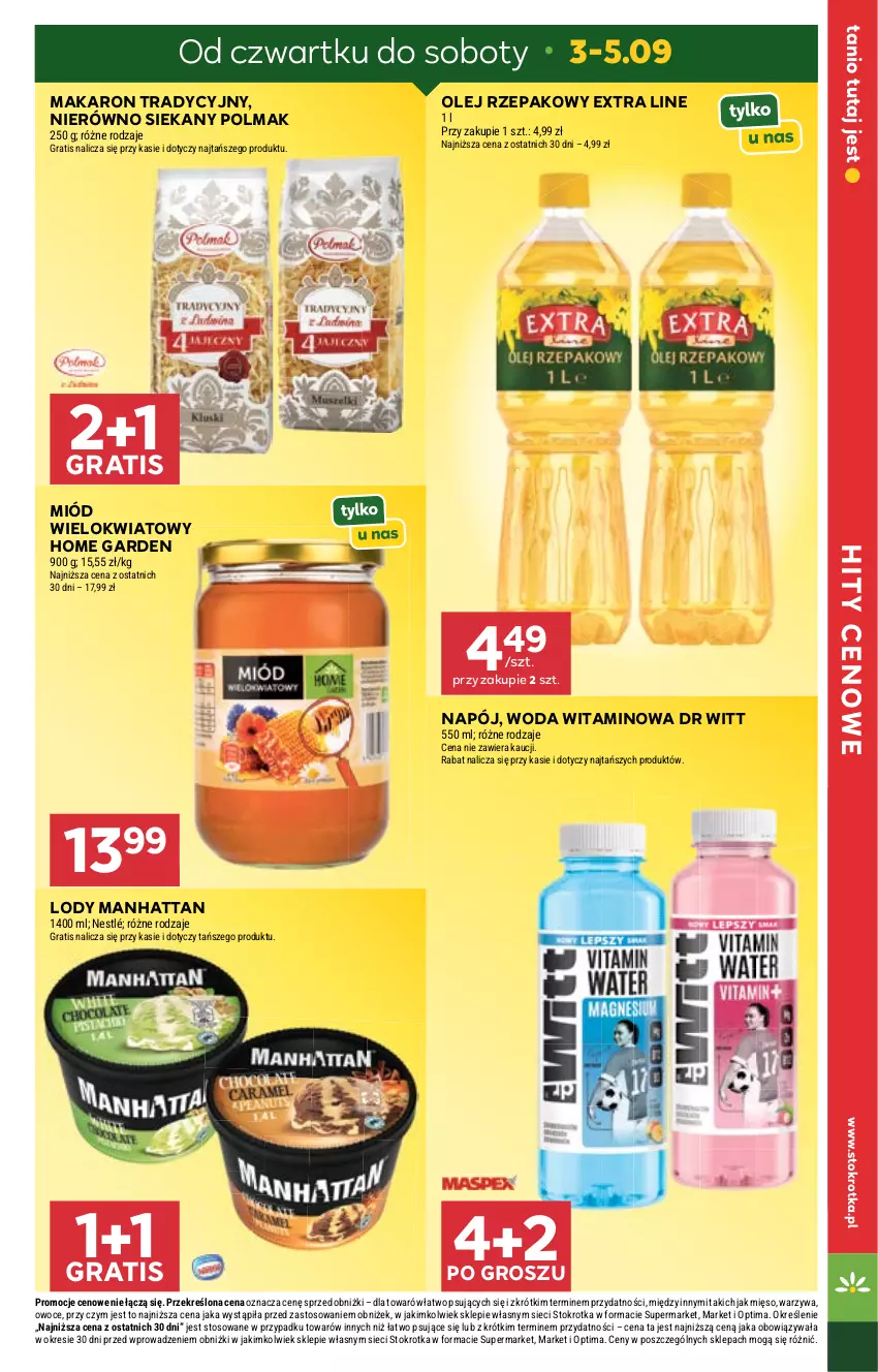 Gazetka promocyjna Stokrotka - Supermarket - ważna 03.09 do 09.09.2026 - strona 5 - produkty: Gra, Lody, Makaron, Mięso, Miód, Napój, Nestlé, Olej, Olej rzepakowy, Olma, Optima, Owoce, Warzywa, Woda