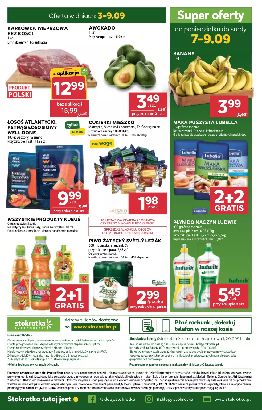 Gazetka promocyjna Stokrotka - Supermarket - ważna 03.09 do 09.09.2026 - strona 57 - produkty: Banany, Bell, Bella, Brownie, Cukier, Cukierki, Dres, Gin, Gra, Karkówka wieprzowa, Kubuś, Kubuś Waterrr, Lubella, Ludwik, Mąka, Mięso, O nas, Optima, Owoce, Piwa, Piwo, Pstrąg, Pstrąg łososiowy, Sos, Telefon, Wagi, Warzywa