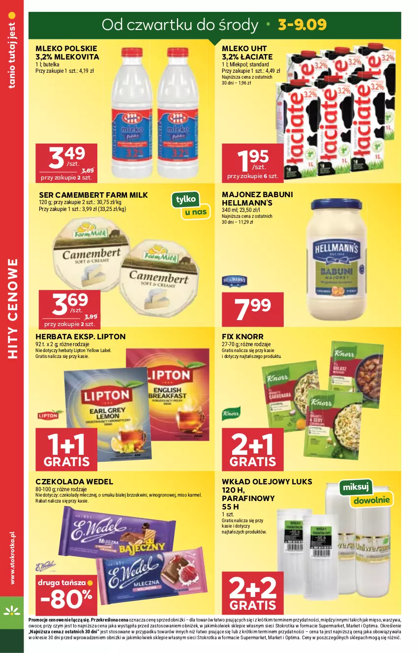 Gazetka promocyjna Stokrotka - Supermarket - ważna 03.09 do 09.09.2026 - strona 6 - produkty: Babuni, Camembert, Czekolada, Fa, Farm Milk, Gra, Hellmann’s, Herbata, Knorr, Lipton, Majonez, Mięso, Mleko, Mlekovita, Olej, Optima, Owoce, Ser, Warzywa, Wino, Wkład olejowy