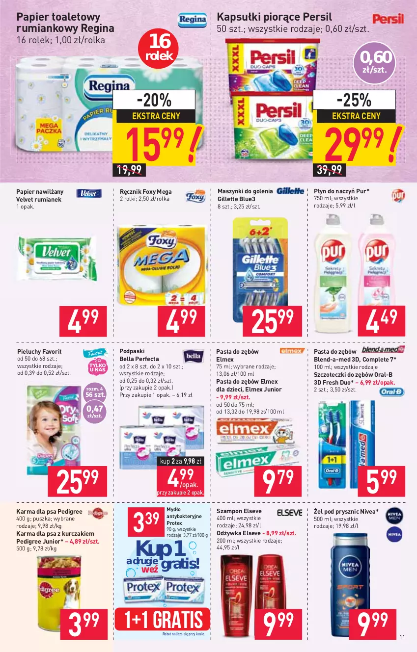 Gazetka promocyjna Stokrotka - Market - ważna 27.05 do 01.06.2021 - strona 11 - produkty: Bell, Bella, Blend-a-Med, Dzieci, Elmex, Elseve, Fa, Foxy, Gillette, Gin, Gra, Kurczak, Mydło, Nivea, Odżywka, Papier, Papier toaletowy, Pasta do zębów, Pedigree, Perfecta, Persil, Pieluchy, Podpaski, Pur, Ręcznik, Rolki, Rum, Szampon, Velvet