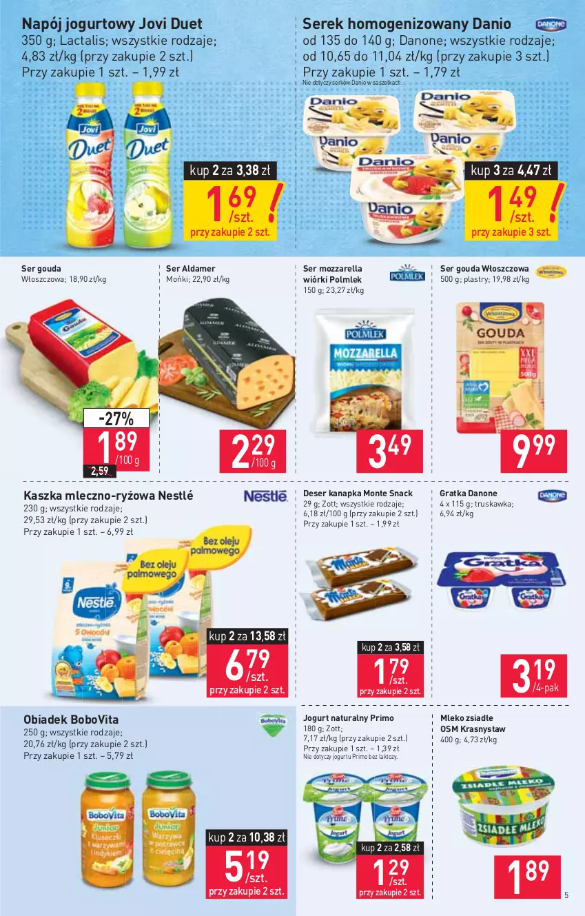 Gazetka promocyjna Stokrotka - Market - ważna 27.05 do 01.06.2021 - strona 5 - produkty: BoboVita, Danio, Danone, Deser, Gouda, Gra, Jogurt, Jogurt naturalny, Mleko, Mleko zsiadłe, Monte, Mozzarella, Napój, Napój jogurtowy, Nestlé, POLMLEK, Ryż, Ser, Serek, Serek homogenizowany, Zott