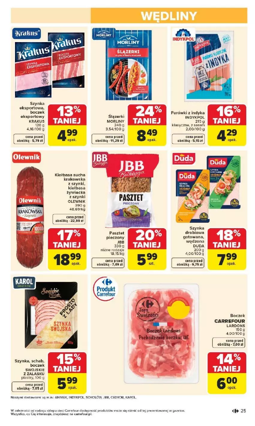 Gazetka promocyjna Carrefour - Gazetka Carrefour, Market od poniedziałku! - ważna 04.05 do 09.05.2026 - strona 27 - produkty: Boczek, Duda, Kiełbasa, Krakus, Morliny, Olewnik, Parówki, Parówki z indyka, Pasztet, Piec, Por, Sok, Sokołów, Sport, Szynka