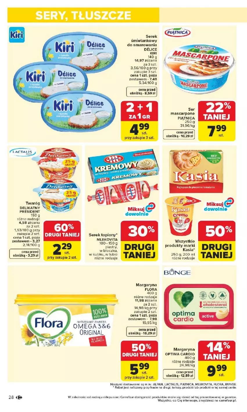 Gazetka promocyjna Carrefour - Gazetka Carrefour, Market od poniedziałku! - ważna 04.05 do 09.05.2026 - strona 30 - produkty: Fa, Flora, Gin, Kasia, Margaryna, Mascarpone, Mleko, Mlekovita, Optima, Optima Cardio, Piątnica, Ser, Serek, Top, Twaróg