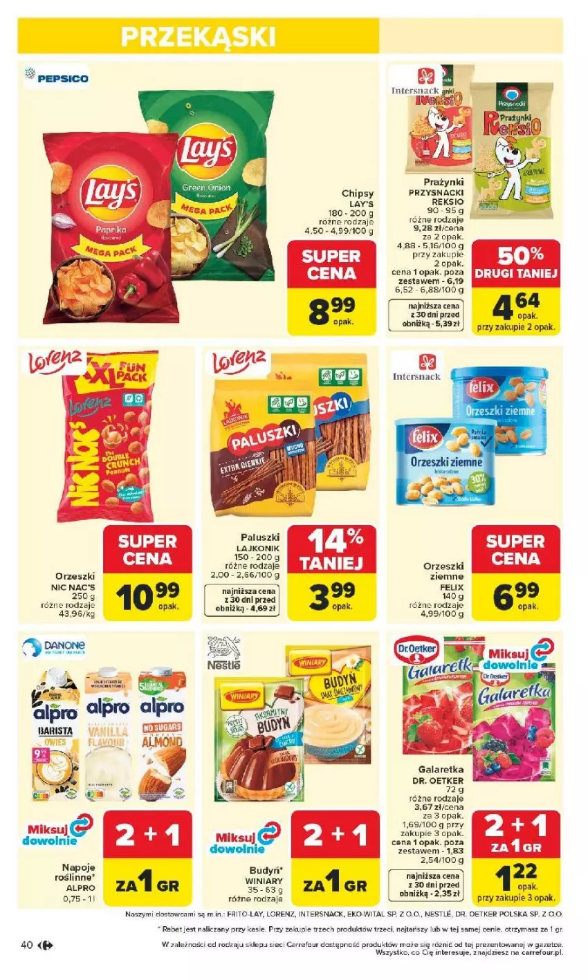 Gazetka promocyjna Carrefour - Gazetka Carrefour, Market od poniedziałku! - ważna 04.05 do 09.05.2026 - strona 42 - produkty: Budyń, Chipsy, Danone, Dr. Oetker, Felix, Gala, Galaretka, Lajkonik, Lorenz, Napoje, Orzeszki, Przysnacki, Ser, Winiary