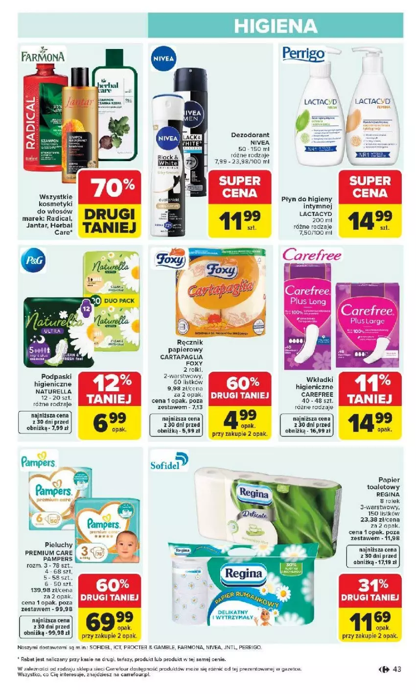 Gazetka promocyjna Carrefour - Gazetka Carrefour, Market od poniedziałku! - ważna 04.05 do 09.05.2026 - strona 45 - produkty: Carefree, Fa, Foxy, Gin, Isla, Lactacyd, Naturell, Naturella, Pampers, Papier, Papier toaletowy, Pieluchy, Podpaski, Ręcznik, Rolki, Ser