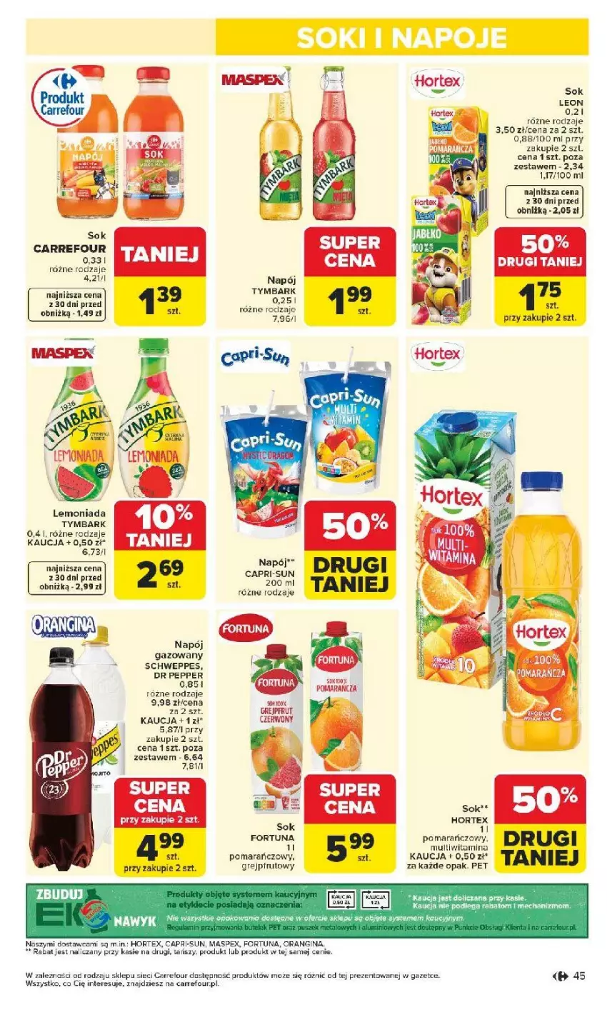 Gazetka promocyjna Carrefour - Gazetka Carrefour, Market od poniedziałku! - ważna 04.05 do 09.05.2026 - strona 47 - produkty: Fa, Fortuna, Grejpfrut, Hortex, Lemoniada, Leon, Napój, Napój gazowany, Schweppes, Sok, Tymbark