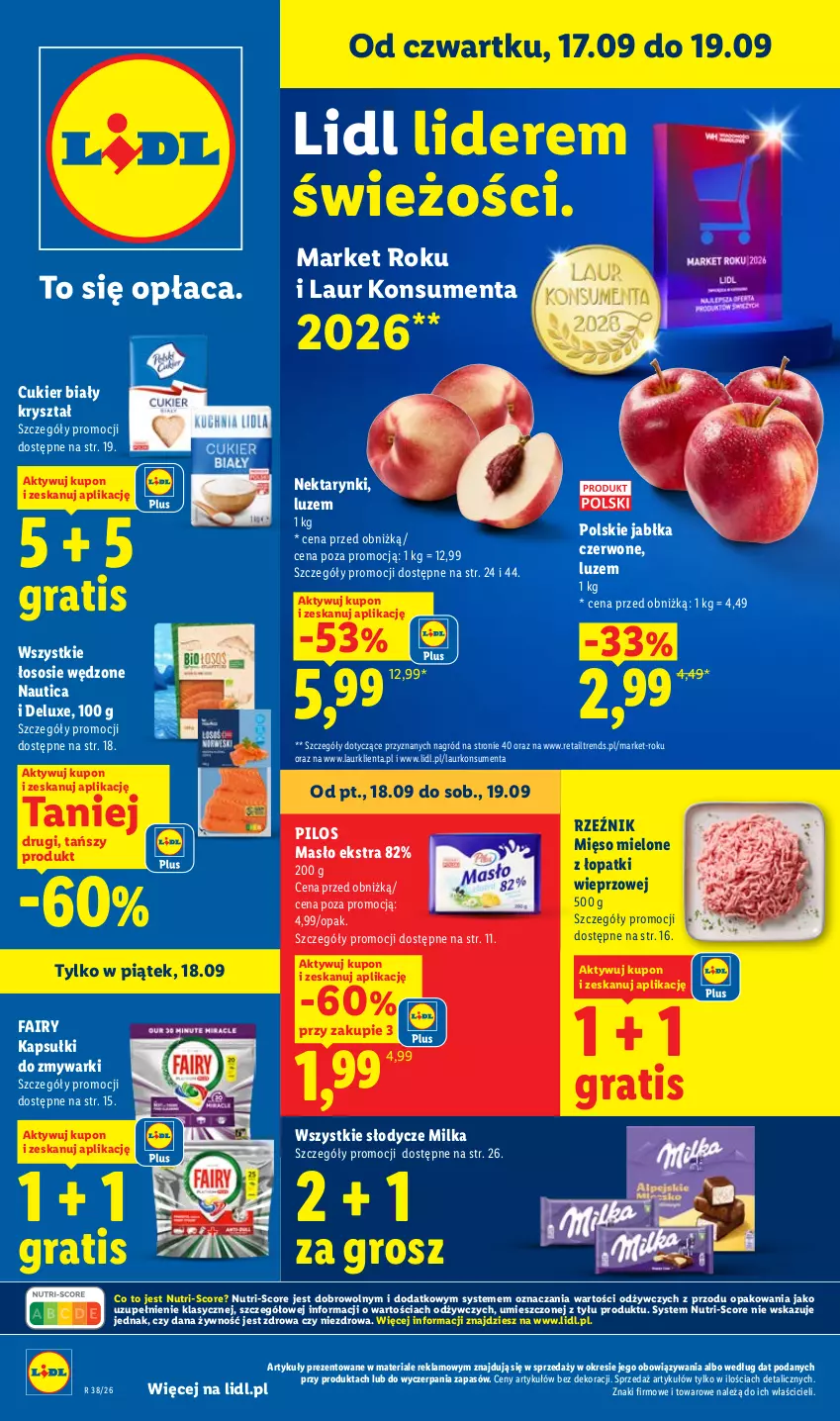 Gazetka promocyjna Lidl - Gazetka ważna od 17.09 do 19.09 - ważna 17.09 do 19.09.2026 - strona 1 - produkty: Cukier, Fa, Fairy, Gra, Jabłka, Laur, Masło, Mięso, Mięso mielone, Mięso mielone z łopatki wieprzowej, Milka, Nektar, Pilos, Sos, Zmywarki