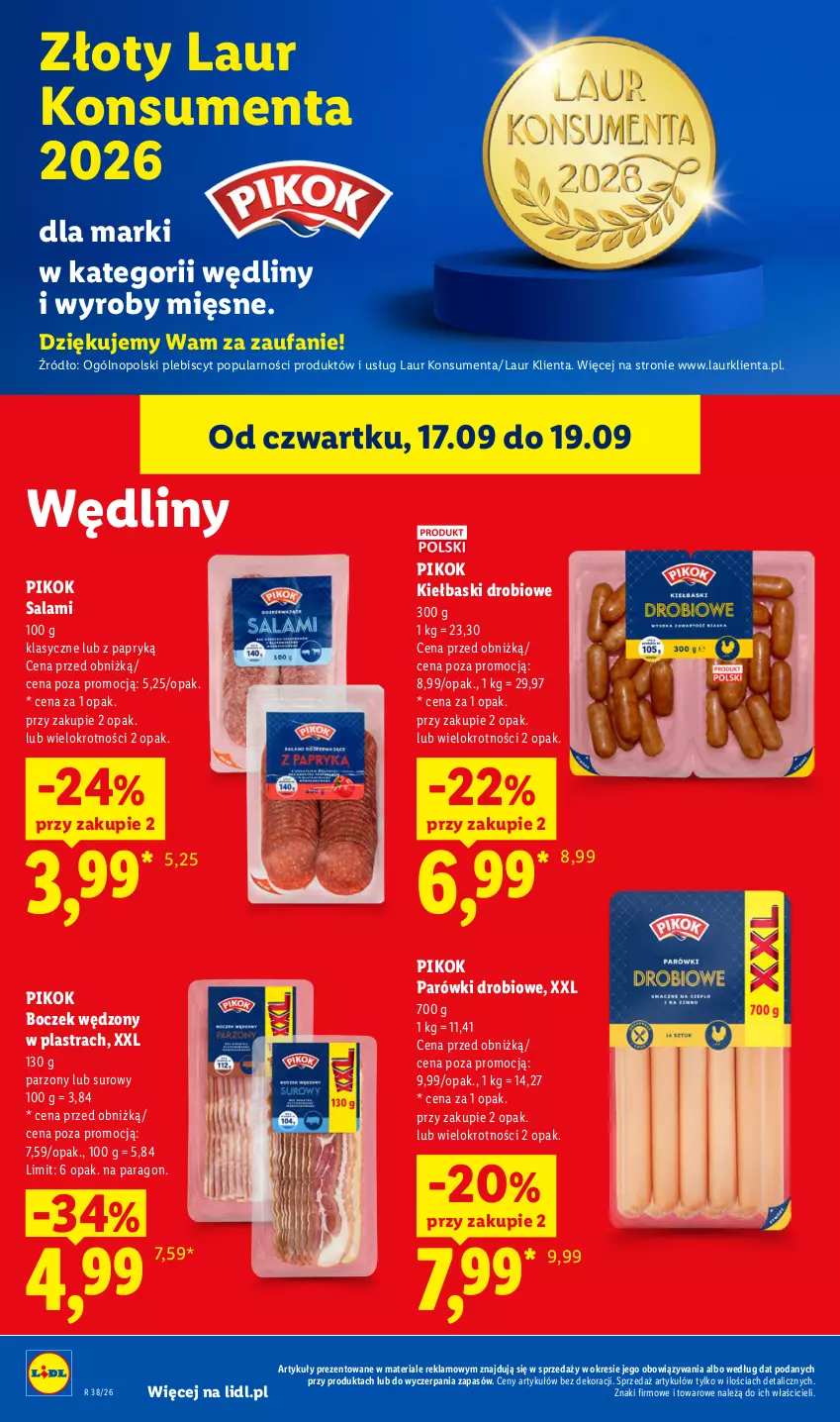 Gazetka promocyjna Lidl - Gazetka ważna od 17.09 do 19.09 - ważna 17.09 do 19.09.2026 - strona 56 - produkty: Boczek, Fa, Laur, Parówki, PIKOK, Salami