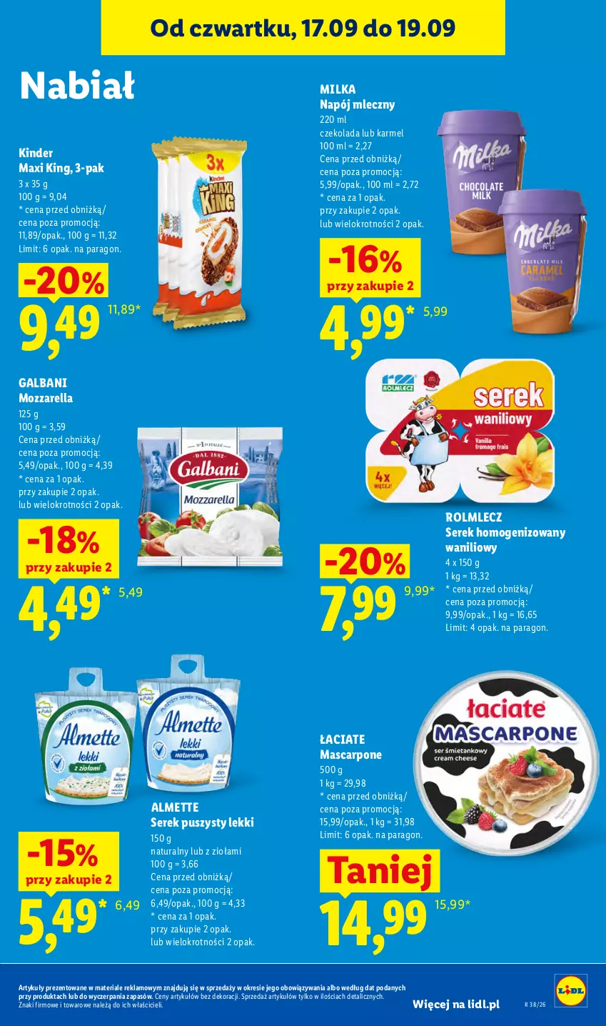 Gazetka promocyjna Lidl - Gazetka ważna od 17.09 do 19.09 - ważna 17.09 do 19.09.2026 - strona 59 - produkty: Almette, Czekolada, Galbani, Kinder, Mascarpone, Milka, Mozzarella, Napój, Napój mleczny, Rolmlecz, Ser, Serek, Serek homogenizowany, Serek puszysty