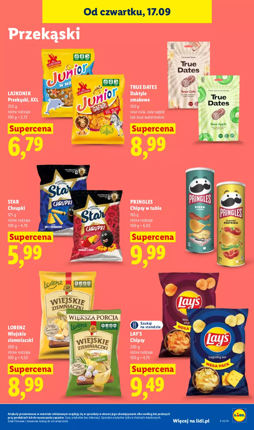 Gazetka promocyjna Lidl - Gazetka ważna od 17.09 do 19.09 - ważna 17.09 do 19.09.2026 - strona 79 - produkty: Chipsy, Chrupki, Daktyle, Lajkonik, Lay’s, Lorenz, Melon, Pringles