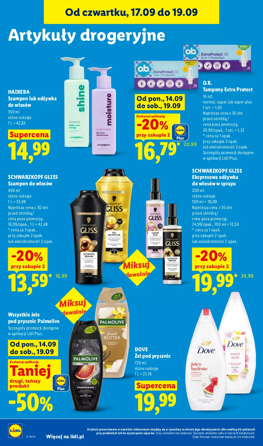 Gazetka promocyjna Lidl - Gazetka ważna od 17.09 do 19.09 - ważna 17.09 do 19.09.2026 - strona 88 - produkty: Dove, O.B., Odżywka, Palmolive, Schwarzkopf, Szampon, Tampony
