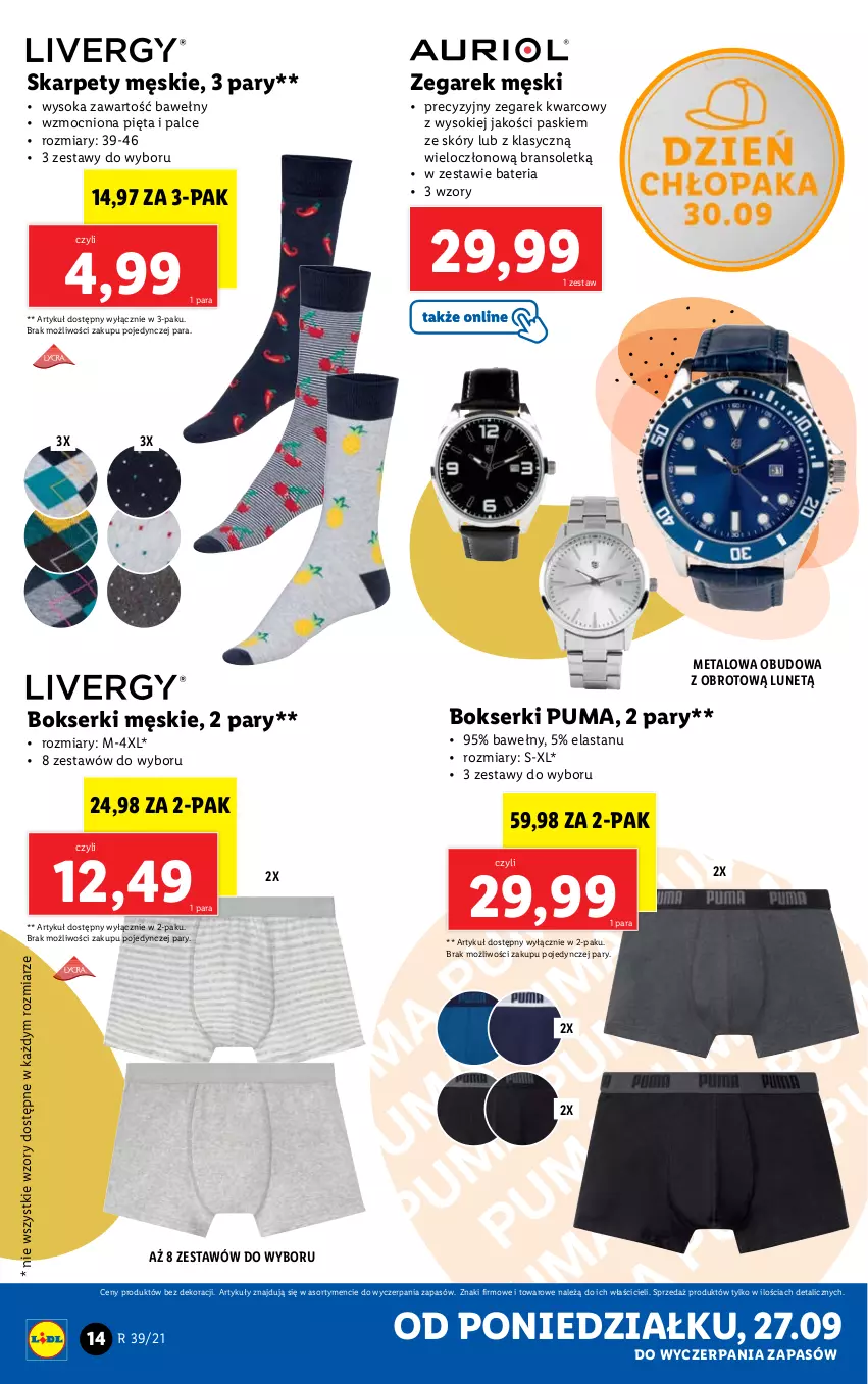 Gazetka promocyjna Lidl - GAZETKA - ważna 27.09 do 03.10.2021 - strona 14 - produkty: Bateria, Bokserki, Karp, Puma, Ser, Sok, Zegar, Zegarek