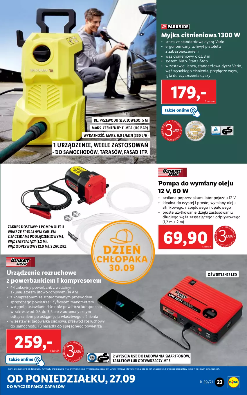 Gazetka promocyjna Lidl - GAZETKA - ważna 27.09 do 03.10.2021 - strona 23 - produkty: Akumulator, Fa, Kompresor, LANA, Myjka ciśnieniowa, Olej, Piec, Pistolet, Pojazd, Powerbank, Przewód, Silan, Smartfon, Sok, Tablet, Top, Warka