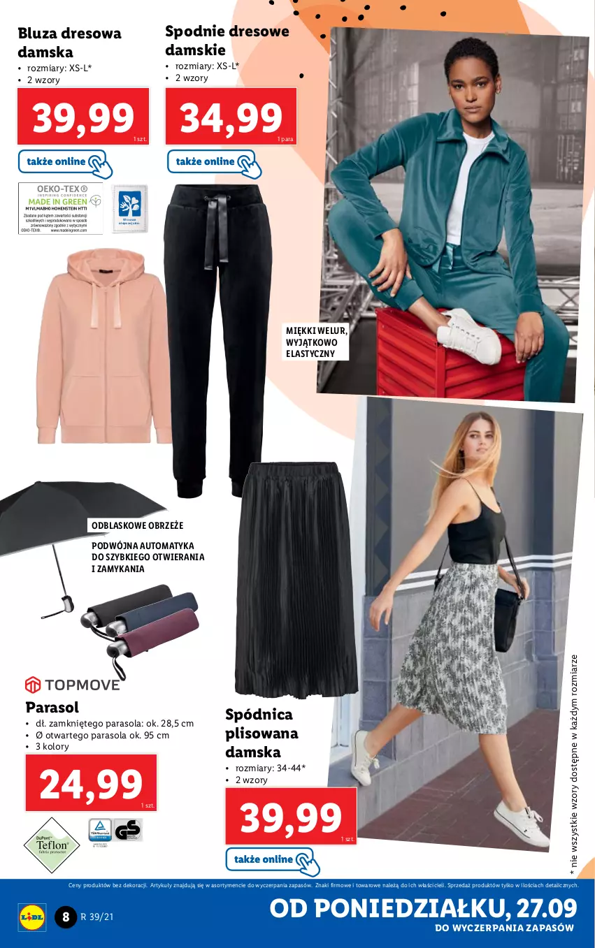 Gazetka promocyjna Lidl - GAZETKA - ważna 27.09 do 03.10.2021 - strona 8 - produkty: Bluza, Bluza dresowa, Dres, Parasol, Spódnica, Spodnie, Spodnie dresowe