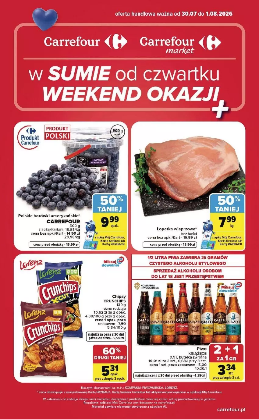 Gazetka promocyjna Carrefour - Gazetka Carrefour, Market w SUMIE od czwartku WEEKEND OKAZJI - ważna 30.07 do 01.08.2026 - strona 1 - produkty: Chipsy, Crunchips, Fa, Książęce, Piwa, Piwo