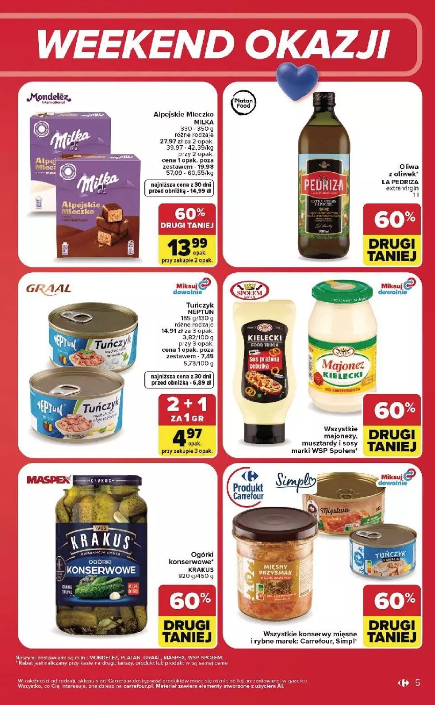 Gazetka promocyjna Carrefour - Gazetka Carrefour, Market w SUMIE od czwartku WEEKEND OKAZJI - ważna 30.07 do 01.08.2026 - strona 5 - produkty: Fa, Gra, Krakus, LG, Milka, Mleczko, Mus, Ogórki konserwowe, Oliwa, Ser, Sos, Tuńczyk