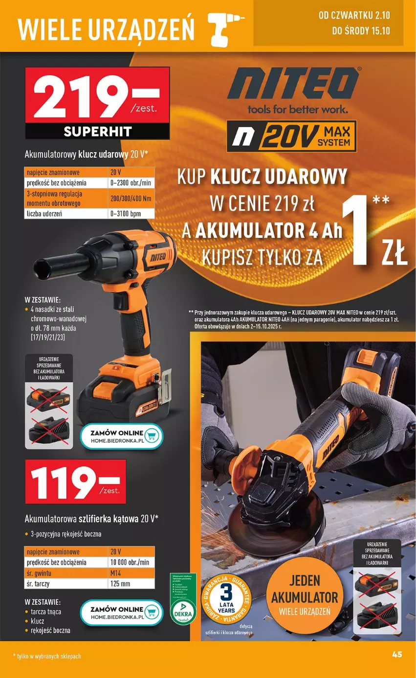 Gazetka promocyjna Biedronka - Okazje Tygodnia - ważna 29.09 do 11.10.2025 - strona 45 - produkty: Akumulator, Klucz udarowy, Szlifierka