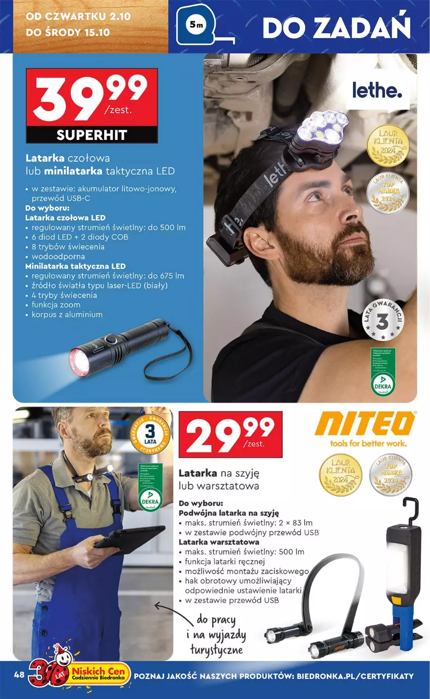 Gazetka promocyjna Biedronka - Okazje Tygodnia - ważna 29.09 do 11.10.2025 - strona 48 - produkty: Akumulator, Latarka, Latarka czołowa, Por, Przewód, Rum, Ser, Tarka