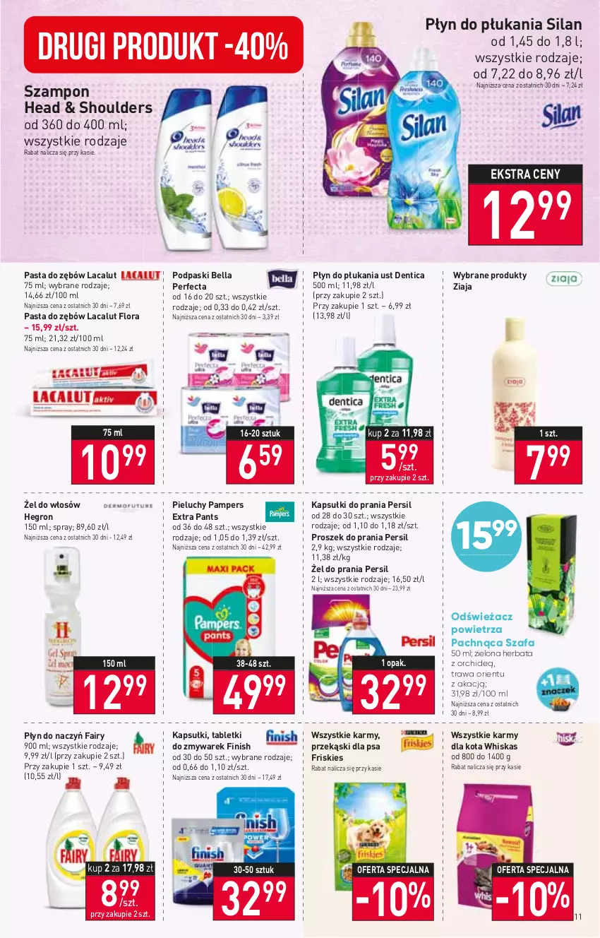 Gazetka promocyjna Stokrotka - Market - ważna 26.01 do 01.02.2023 - strona 11 - produkty: Bell, Bella, Fa, Fairy, Finish, Flora, Friskies, Hegron, Herbata, Kapsułki do prania, Lacalut, Odświeżacz powietrza, Pampers, Pasta do zębów, Perfecta, Persil, Pieluchy, Płyn do płukania, Podpaski, Proszek do prania, Przekąski dla psa, Silan, Szafa, Szampon, Tablet, Whiskas, Ziaja