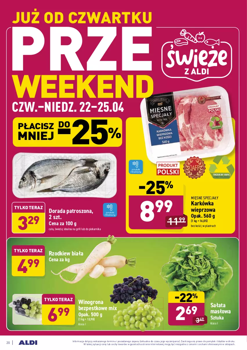 Gazetka promocyjna Aldi - Dobre bo polskie - ważna 19.04 do 24.04.2021 - strona 20 - produkty: Grill, Karkówka wieprzowa, Masło, Mięsne specjały, Piekarnik, Sałat, Sałata masłowa, Tera, Wino, Winogrona, Winogrona bezpestkowe