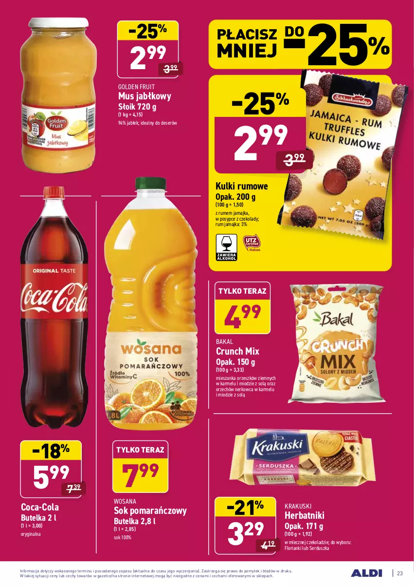 Gazetka promocyjna Aldi - Dobre bo polskie - ważna 19.04 do 24.04.2021 - strona 23 - produkty: Coca-Cola, Deser, Gin, Herbatniki, Krakus, Krakuski, Mus, Rum, Ser, Sok, Sok pomarańczowy, Tera, Wosana