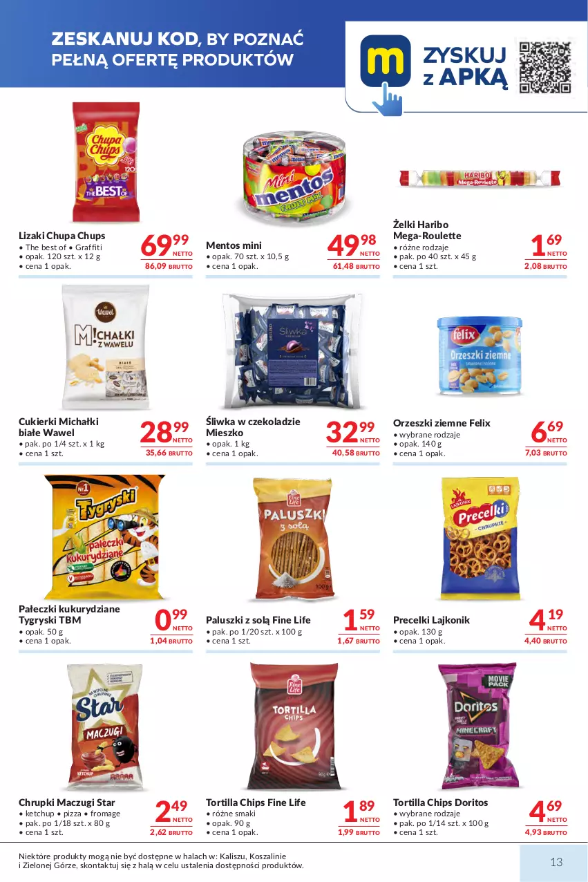 Gazetka promocyjna Makro - Mega oferty dla Twojego Sklepu - ważna 23.06 do 07.07.2026 - strona 13 - produkty: Chrupki, Chupa Chups, Cukier, Cukierki, Felix, Gra, Gry, Haribo, Ketchup, Kosz, Lajkonik, Lizaki, Mentos, Michałki, Orzeszki, Orzeszki ziemne, Pizza, Precelki, Szal, Tortilla, Tortilla Chips, Wawel
