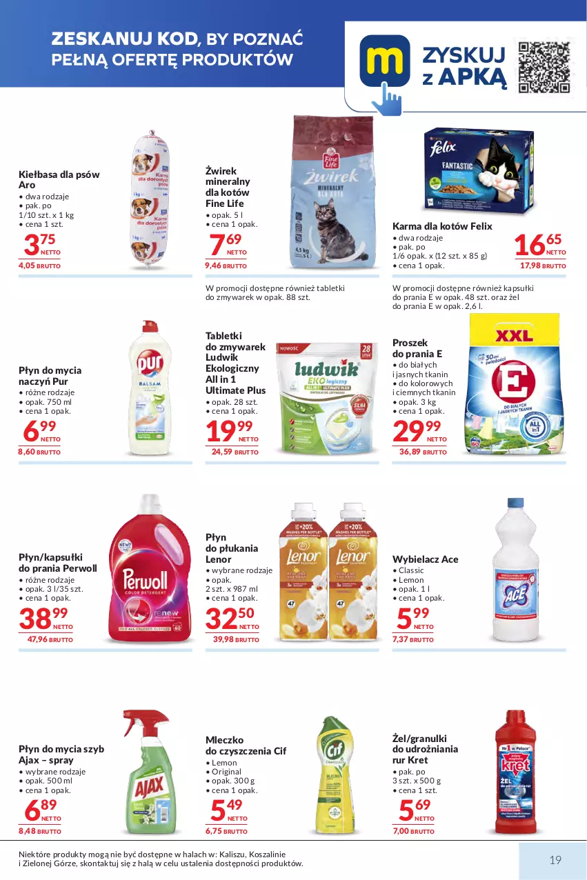 Gazetka promocyjna Makro - Mega oferty dla Twojego Sklepu - ważna 23.06 do 07.07.2026 - strona 19 - produkty: Ajax, Cif, Do mycia naczyń, Felix, Gin, Gra, Kapsułki do prania, Kiełbasa, Kosz, Kret, Lenor, Ludwik, Mleczko, Perwoll, Płyn do mycia, Płyn do mycia naczyń, Płyn do płukania, Proszek do prania, Pur, Szal, Tablet