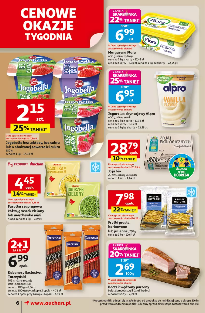 Gazetka promocyjna Auchan - Odlotowe ceny na start szkoły Supermarket - ważna 04.09 do 10.09.2025 - strona 6 - produkty: Alpro, Bell, Bella, Boczek, Fa, Flora, Frytki, Gin, Groszek, Jaja, Jogobella, Jogurt, Kabanos, Marchewka, Margaryna, Tarczyński