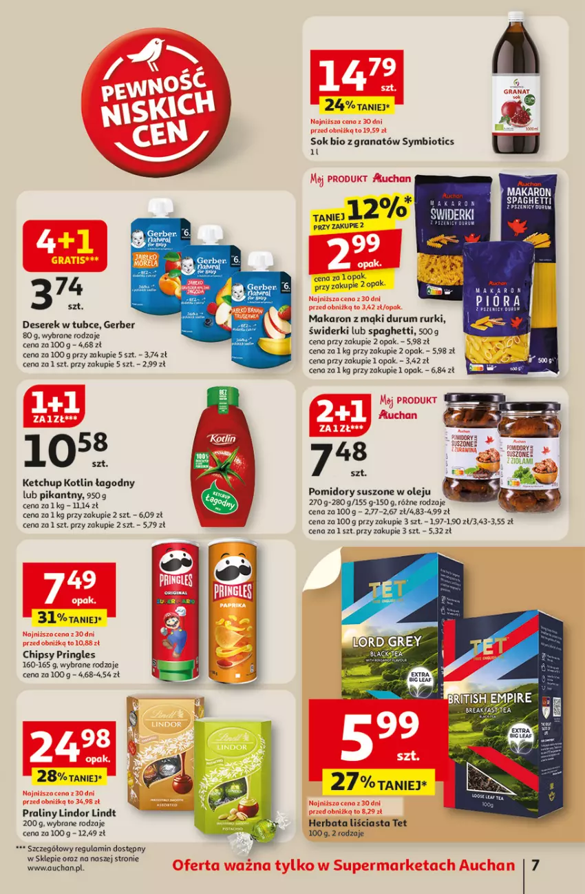 Gazetka promocyjna Auchan - Odlotowe ceny na start szkoły Supermarket - ważna 04.09 do 10.09.2025 - strona 7 - produkty: Chipsy, Deser, Gerber, Gra, Granat, Herbata, Ketchup, Kotlin, Lindor, Lindt, Makaron, Olej, Pomidory, Praliny, Pringles, Rum, Rurki, Ser, Serek, Sok, Spaghetti