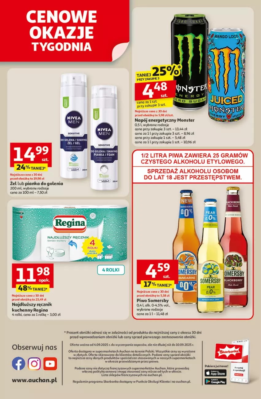 Gazetka promocyjna Auchan - Odlotowe ceny na start szkoły Supermarket - ważna 04.09 do 10.09.2025 - strona 8 - produkty: Gin, Gra, Napój, Napój energetyczny, Pianka do golenia, Piwa, Piwo, Por, Ręcznik, Ręcznik kuchenny, Rolki, Ser, Somersby, Tera