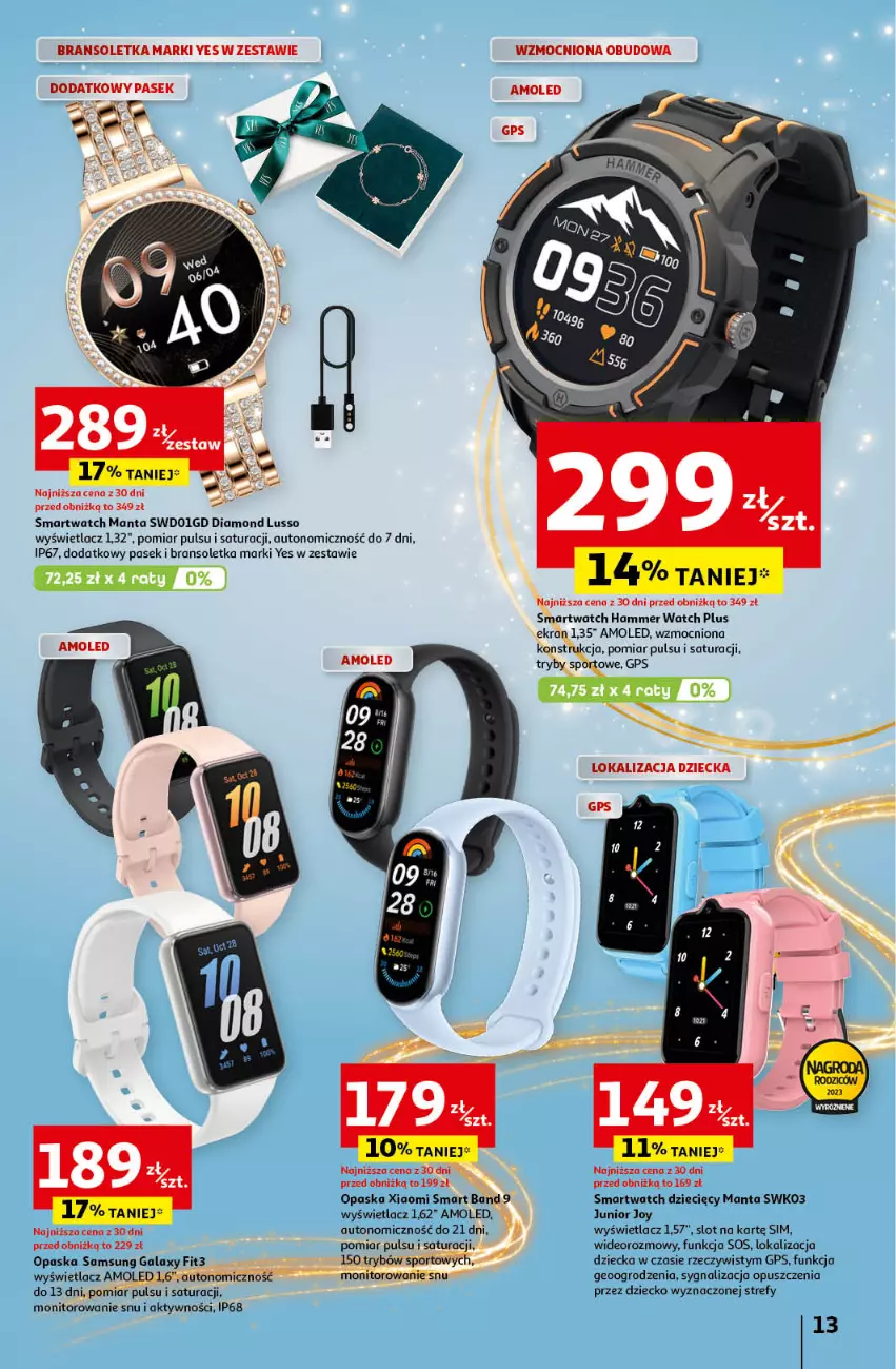 Gazetka promocyjna Auchan - Katalog Moc prezentów Hipermarket - ważna 28.11 do 15.12.2024 - strona 13 - produkty: Amol, Bransoletka, Dzieci, Gala, Manta, Monitor, Opaska, Pasek, Por, Samsung, Smartwatch, Sos, Sport