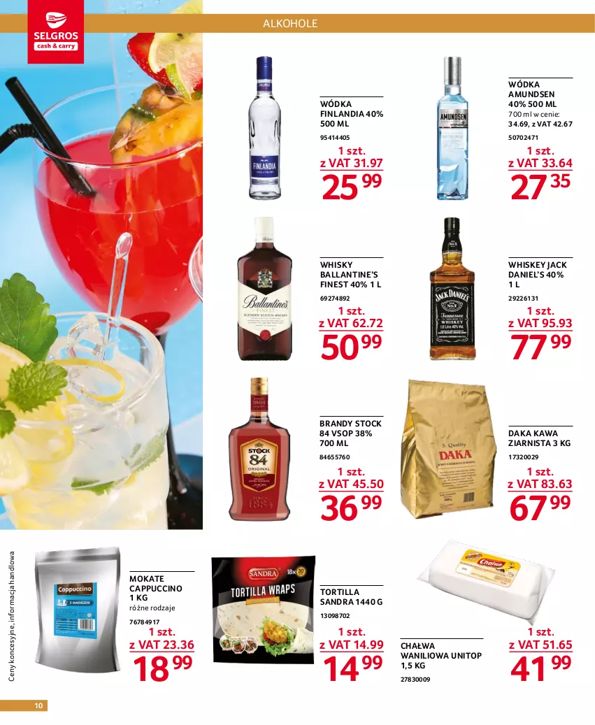 Gazetka promocyjna Selgros - Oferta gastronomiczna - ważna 15.12 do 26.12.2022 - strona 10 - produkty: Alkohole, Amundsen, Brandy, Cappuccino, Chałwa, Finlandia, Kawa, Kawa ziarnista, Stock, Top, Tortilla, Whiskey, Whisky, Wódka