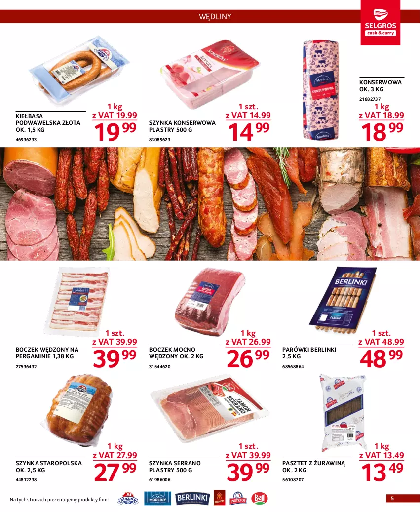 Gazetka promocyjna Selgros - Oferta gastronomiczna - ważna 15.12 do 26.12.2022 - strona 5 - produkty: Berlinki, Boczek, Kiełbasa, Kiełbasa podwawelska, Parówki, Pasztet, Ser, Szynka, Szynka konserwowa, Wawel