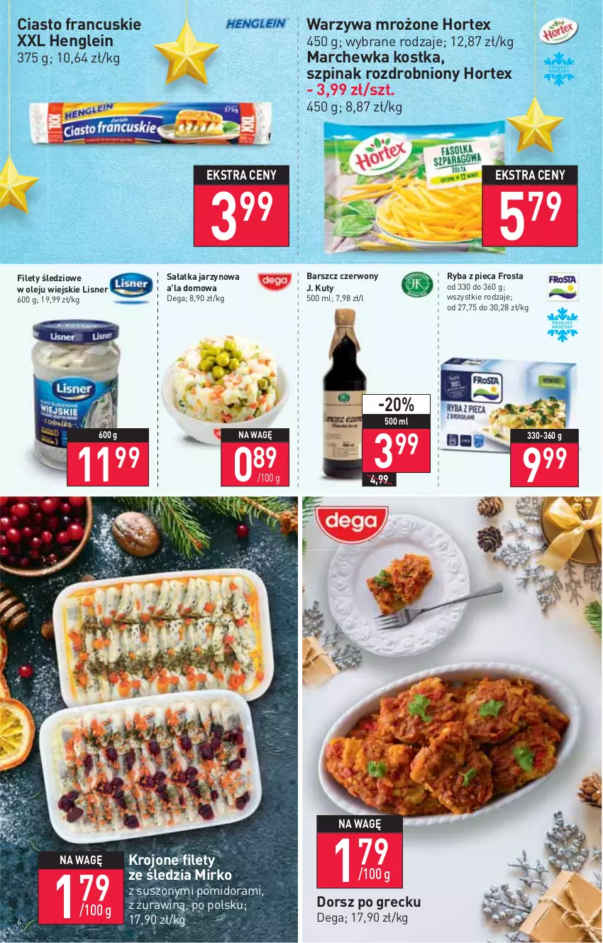 Gazetka promocyjna Stokrotka - Market - ważna 16.12 do 21.12.2021 - strona 4 - produkty: Ciasto francuskie, Dega, Dorsz, Frosta, Hortex, Lisner, Marchewka, Olej, Piec, Ryba, Sałat, Sałatka, Szpinak, Warzywa