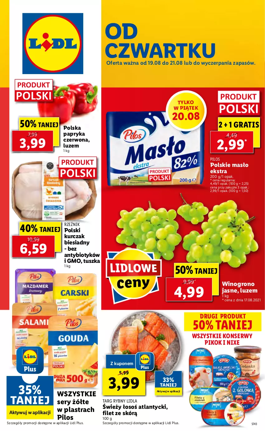 Gazetka promocyjna Lidl - GAZETKA - ważna 19.08 do 21.08.2021 - strona 1 - produkty: Gra, Kurczak, Masło, Papryka, Papryka czerwona, PIKOK, Pilos, Ser, Tusz, Wino