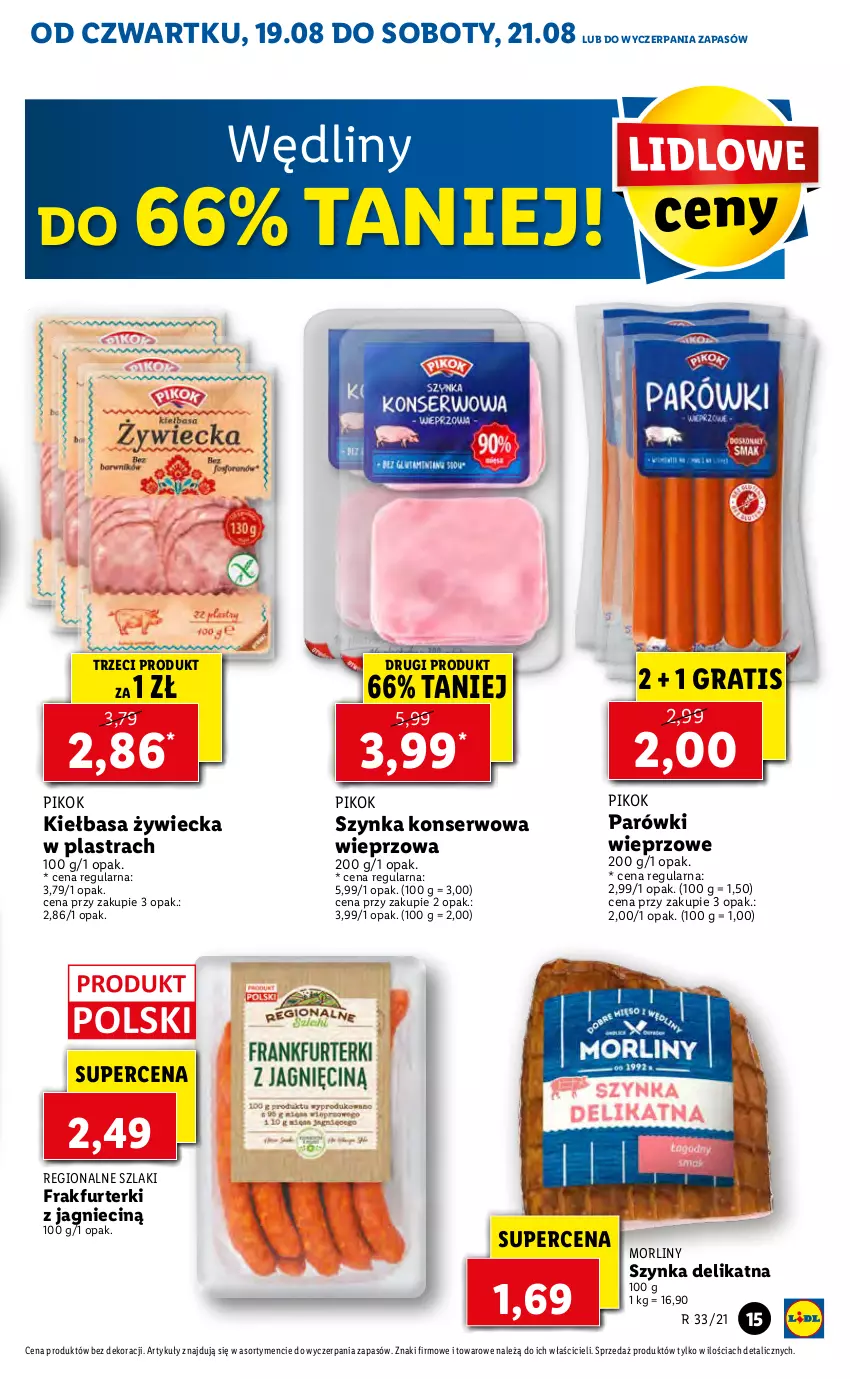 Gazetka promocyjna Lidl - GAZETKA - ważna 19.08 do 21.08.2021 - strona 15 - produkty: Gra, Kiełbasa, Morliny, Parówki, PIKOK, Ser, Szynka, Szynka konserwowa