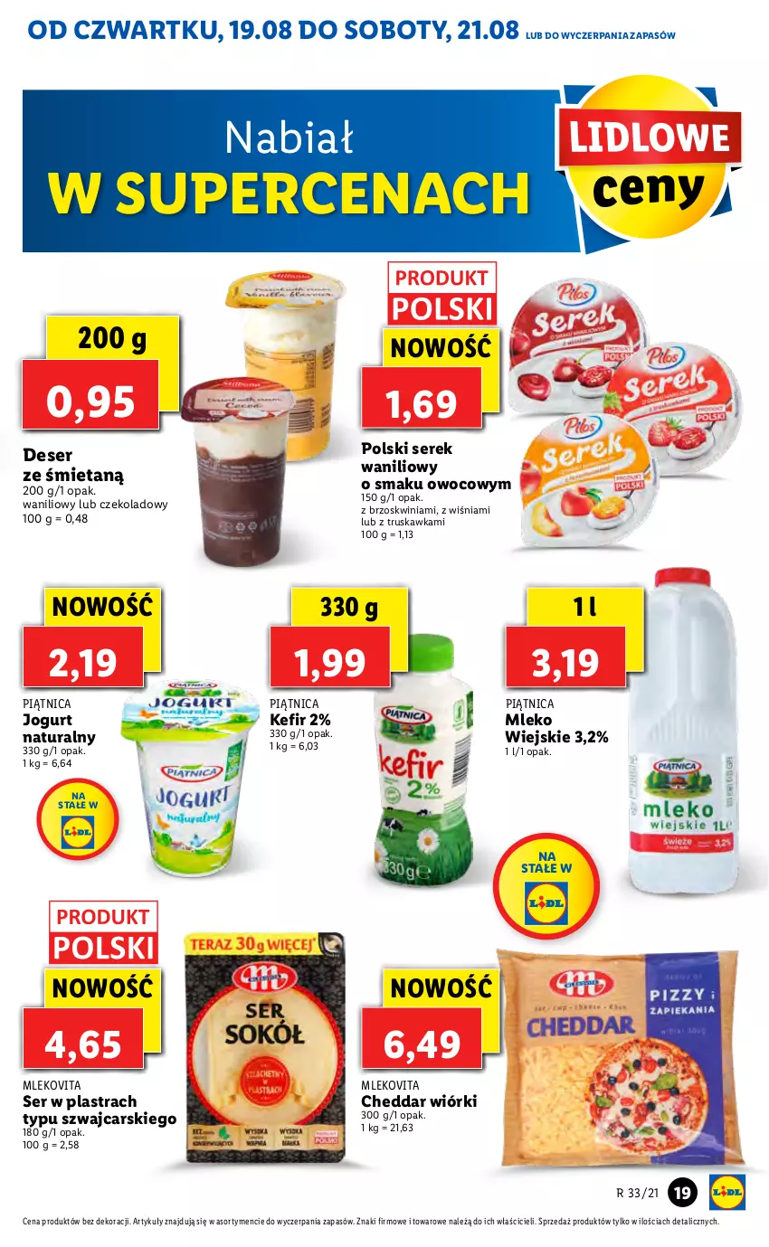 Gazetka promocyjna Lidl - GAZETKA - ważna 19.08 do 21.08.2021 - strona 19 - produkty: Cars, Cheddar, Deser, Jogurt, Jogurt naturalny, Kefir, Mleko, Mlekovita, Piątnica, Ser, Serek, Vita C