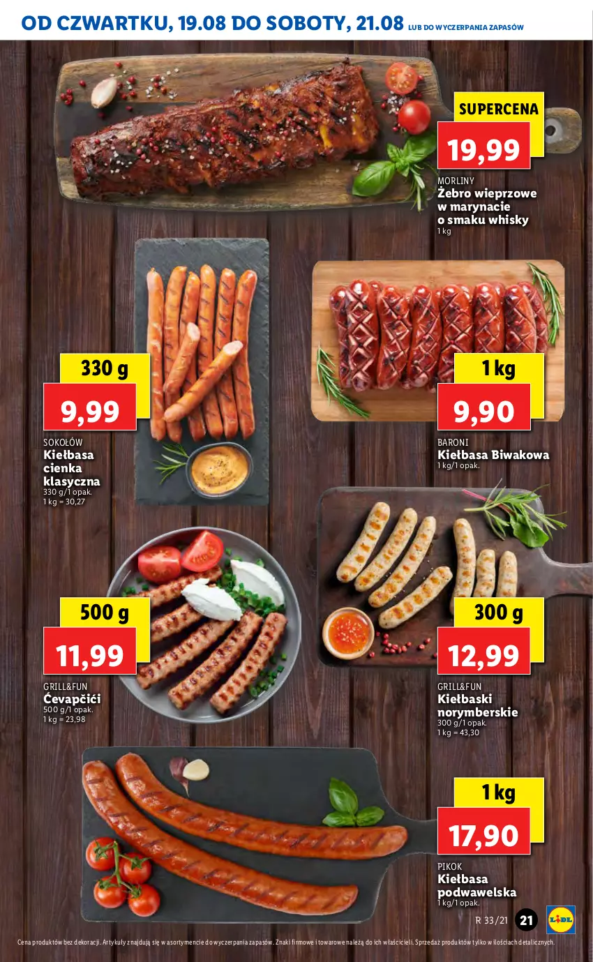 Gazetka promocyjna Lidl - GAZETKA - ważna 19.08 do 21.08.2021 - strona 21 - produkty: Grill, Kiełbasa, Kiełbasa podwawelska, Morliny, PIKOK, Sok, Sokołów, Wawel, Whisky