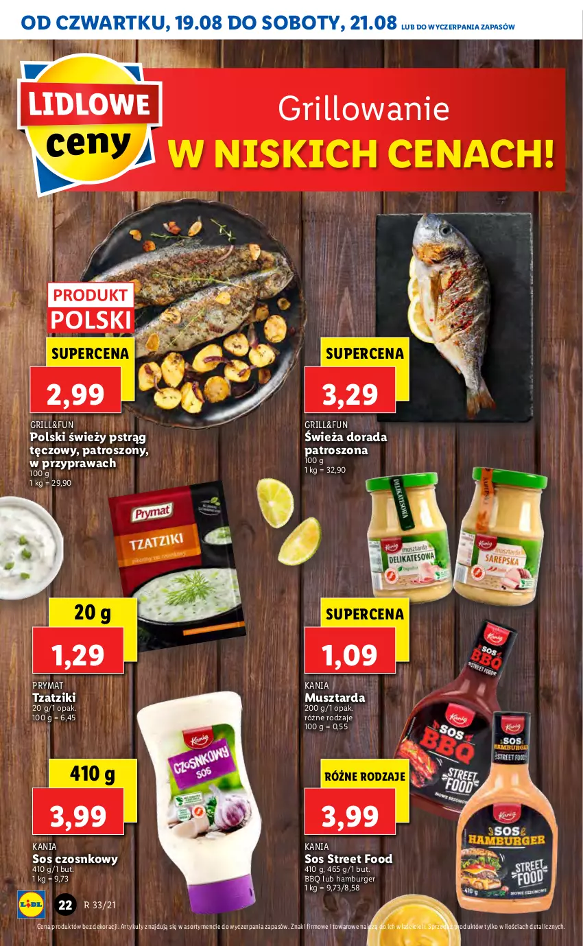 Gazetka promocyjna Lidl - GAZETKA - ważna 19.08 do 21.08.2021 - strona 22 - produkty: Burger, Grill, Hamburger, Mus, Musztarda, Prymat, Pstrąg, Pstrąg tęczowy, Sos, Sos czosnkowy