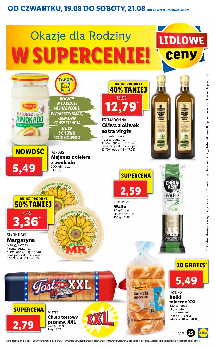 Gazetka promocyjna Lidl - GAZETKA - ważna 19.08 do 21.08.2021 - strona 25 - produkty: Bułeczki, Bułeczki mleczne, Chleb, Chleb tostowy, Gin, Gra, Majonez, Margaryna, Olej, Oliwa z oliwek, Por, Prima, Słynne, Wafle, Winiary