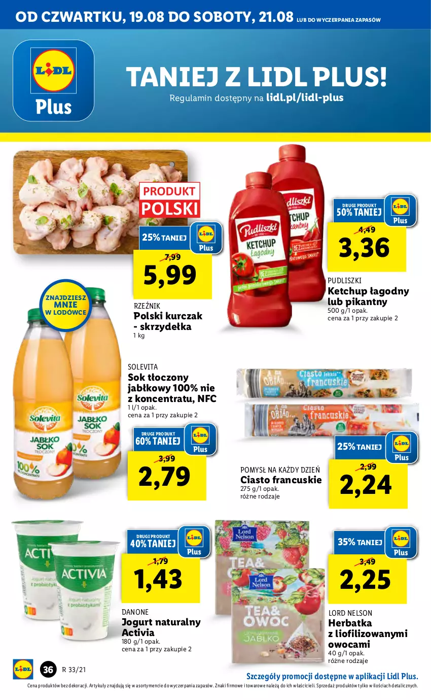 Gazetka promocyjna Lidl - GAZETKA - ważna 19.08 do 21.08.2021 - strona 36 - produkty: Activia, Ciasto francuskie, Danone, Jogurt, Jogurt naturalny, Ketchup, Kurczak, Pudliszki, Sok