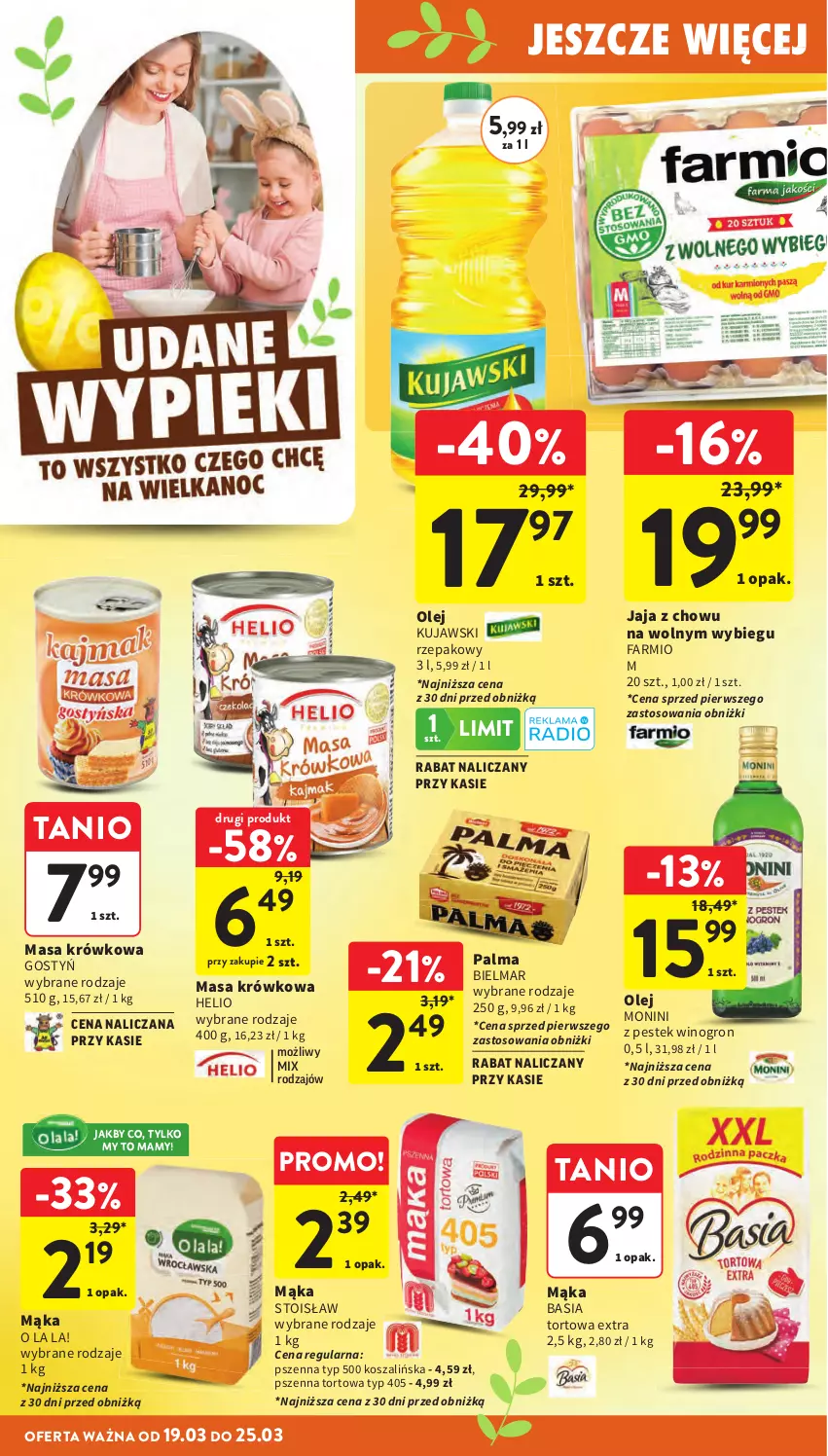 Gazetka promocyjna Intermarche - Gazetka promocyjna - ważna 19.03 do 25.03.2026 - strona 12 - produkty: Basia, Fa, Helio, Jaja, Kosz, Kujawski, Mąka, Masa krówkowa, Monini, Olej, Palma, Stek, Szal, Wino