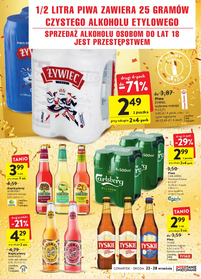 Gazetka promocyjna Intermarche - Gazetka Intermarche - ważna 22.09 do 28.09.2022 - strona 29 - produkty: Carlsberg, Gra, Napój, Piwa, Piwo, Somersby, Tyskie