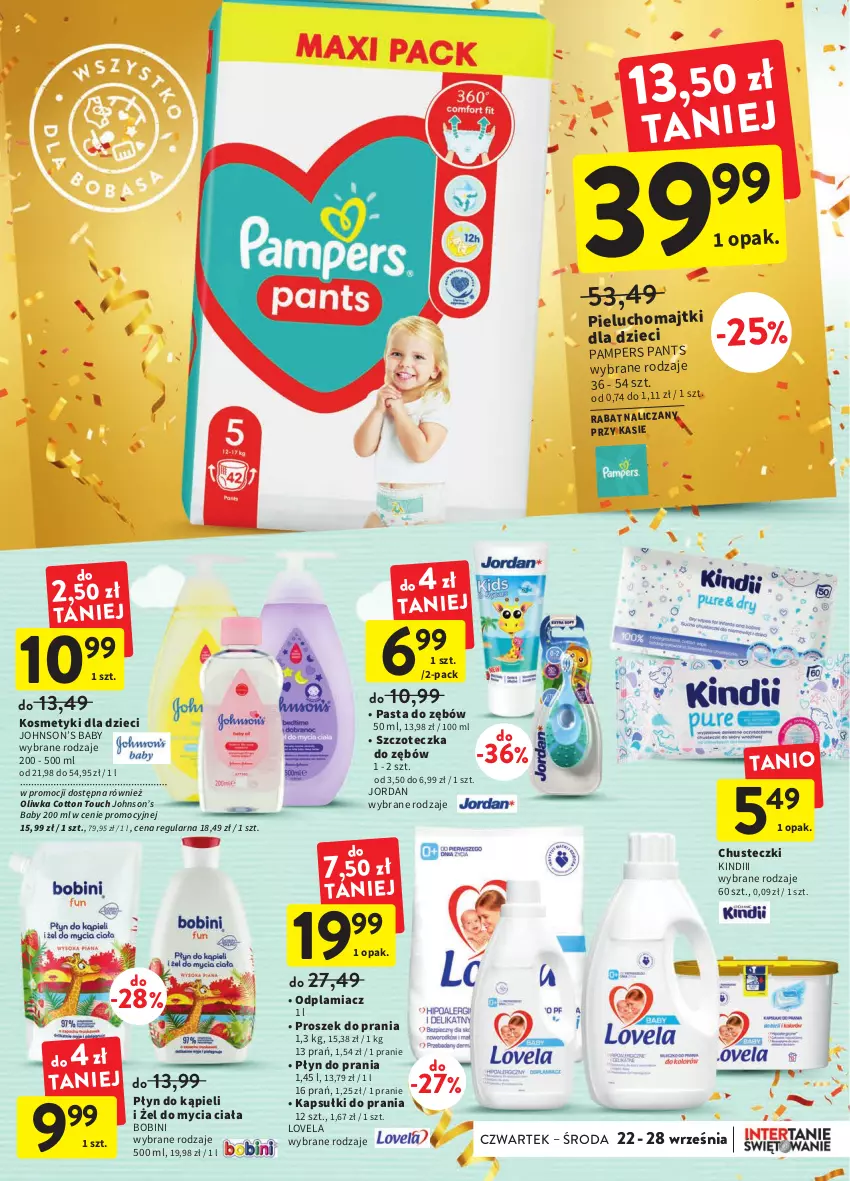 Gazetka promocyjna Intermarche - Gazetka Intermarche - ważna 22.09 do 28.09.2022 - strona 35 - produkty: Chusteczki, Dzieci, Kapsułki do prania, Kindii, Kosmetyki dla dzieci, Lovela, Majtki, Odplamiacz, Pampers, Pasta do zębów, Pieluchomajtki, Płyn do kąpieli, Płyn do prania, Proszek do prania, Szczoteczka, Szczoteczka do zębów